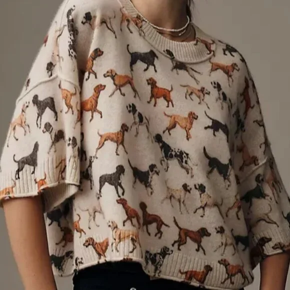 Anthropologie The Goldie Crew-Neck Cashmere Sweater Dog Dogs Size S NWT Puppies - Picture 6 of 6